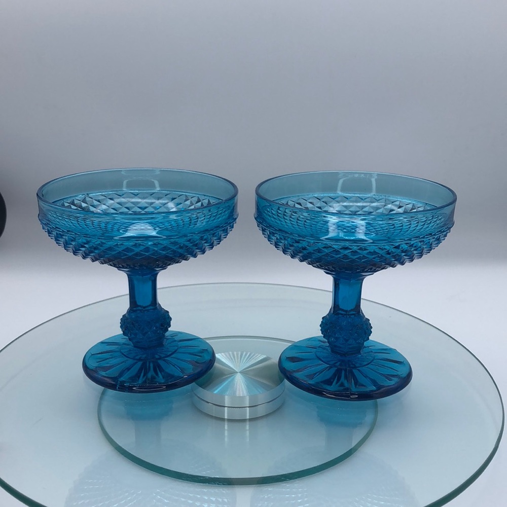Vintage Pedestal Compote Blue Glass Candy or Fruit Bowl Set of 2